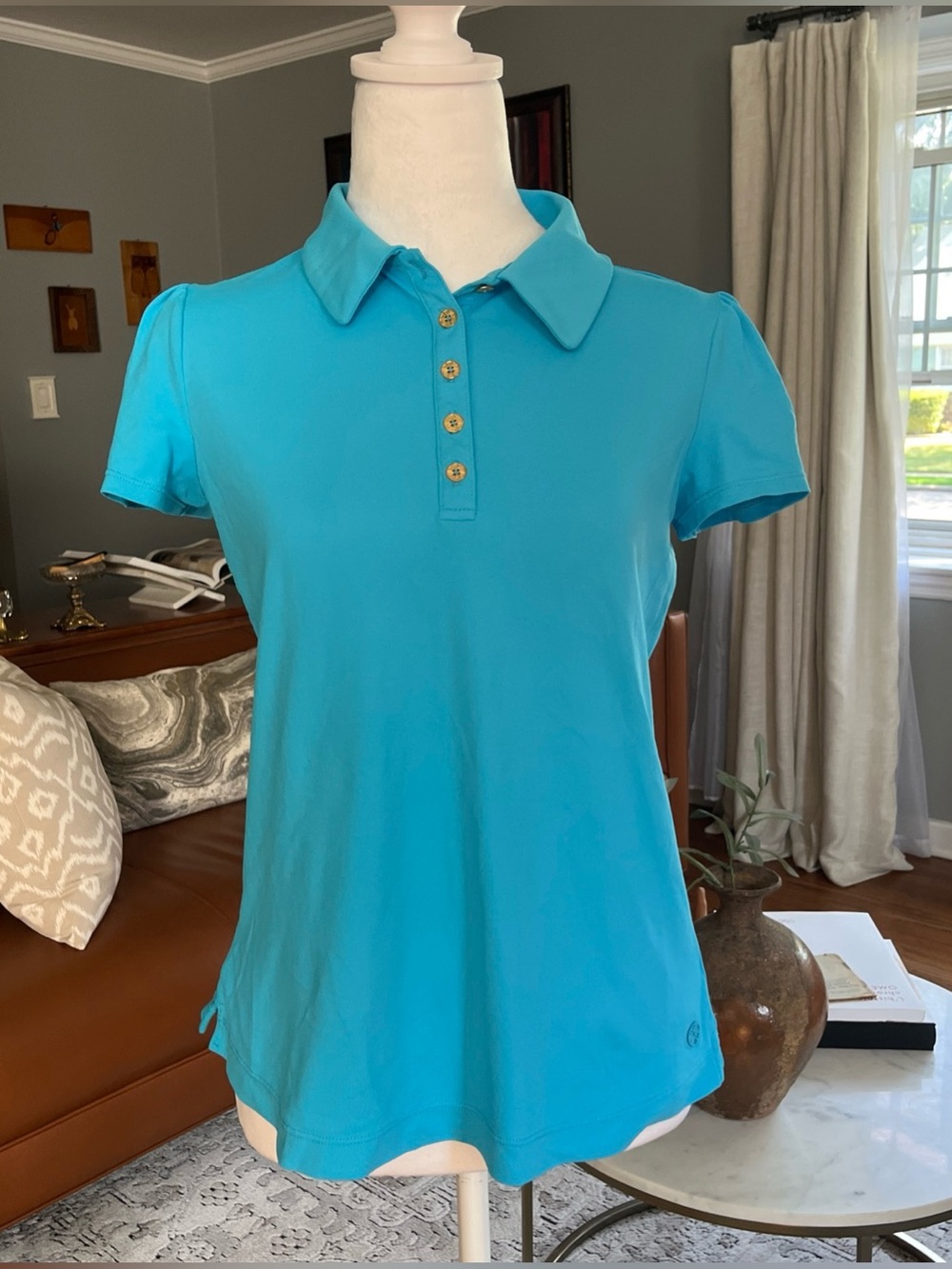Lilly Pulitzer Luxletic UPF50 Frida Puff Sleeve Aqua Blue Sz. S Polo Golf Shirt